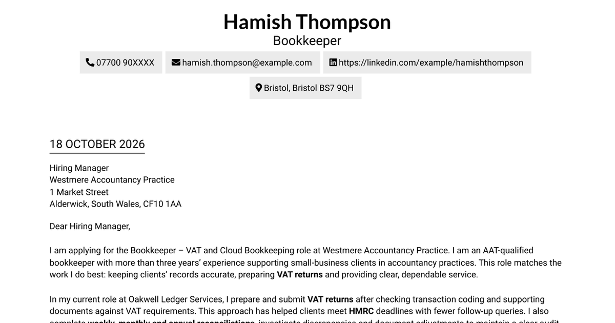 7 Bookkeeper - VAT and Cloud Bookkeeping Cover Letter Templates with Example