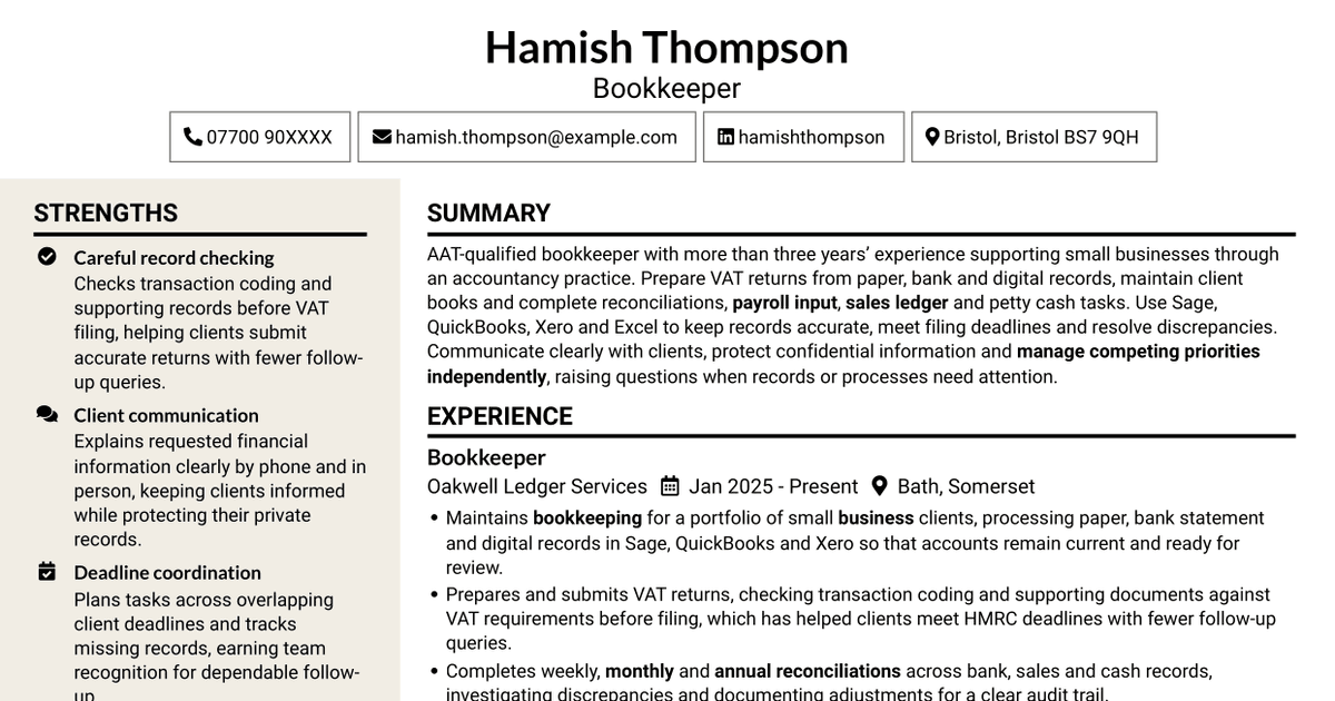 7 Bookkeeper - VAT and Cloud Bookkeeping CV Templates with Example