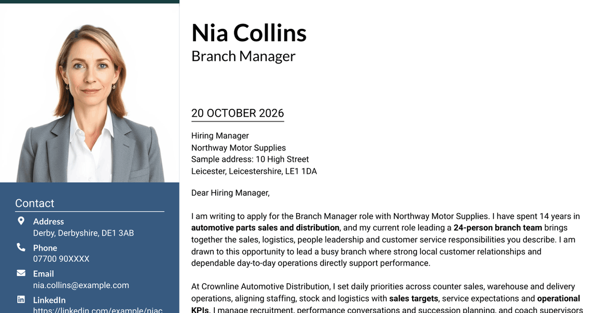 7 Branch Manager - Automotive Parts Distribution Cover Letter Templates with Example