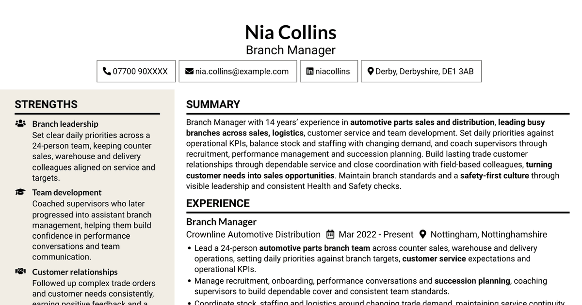 7 Branch Manager - Automotive Parts Distribution CV Templates with Example
