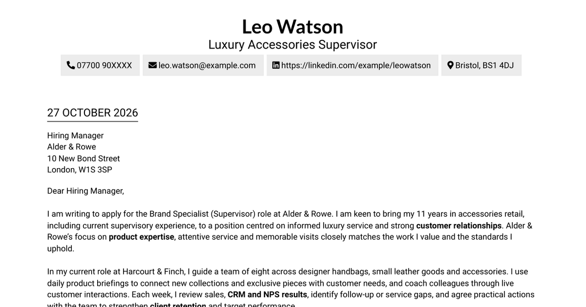 Brand Specialist (Supervisor) - Luxury Accessories Cover Letter