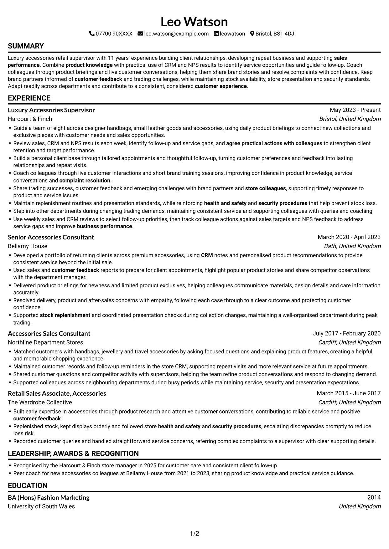 CV example — page 1
