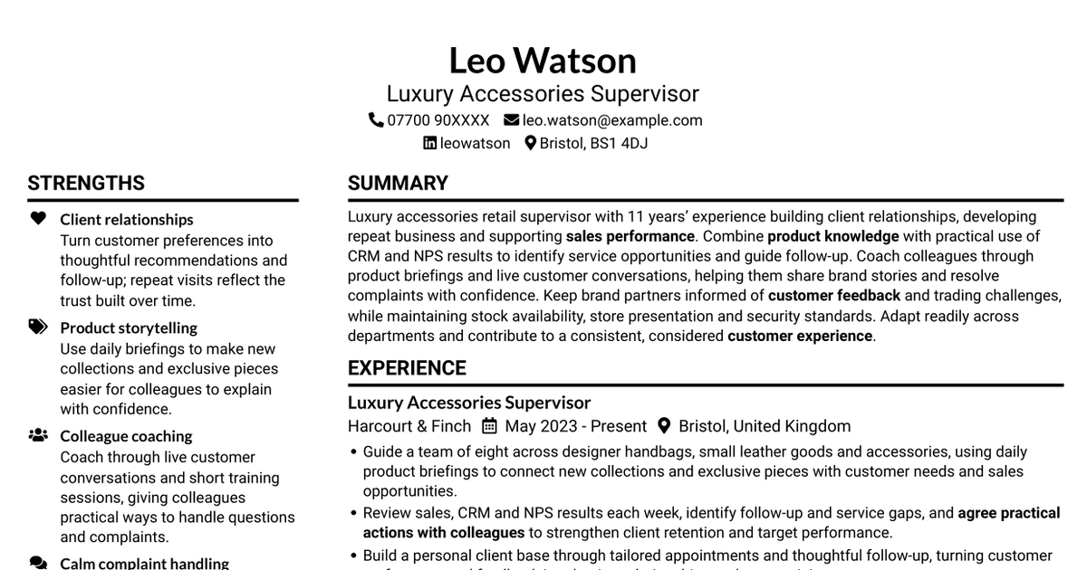 Brand Specialist (Supervisor) - Luxury Accessories CV