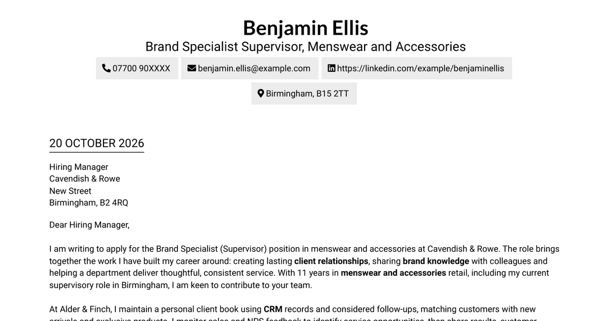 7 Brand Specialist (Supervisor) - Menswear, Accessories Cover Letter Templates with Example