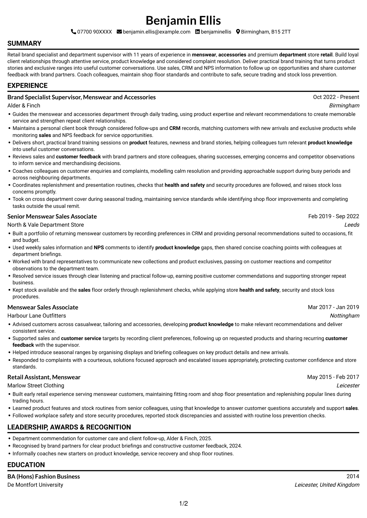 CV example — page 1