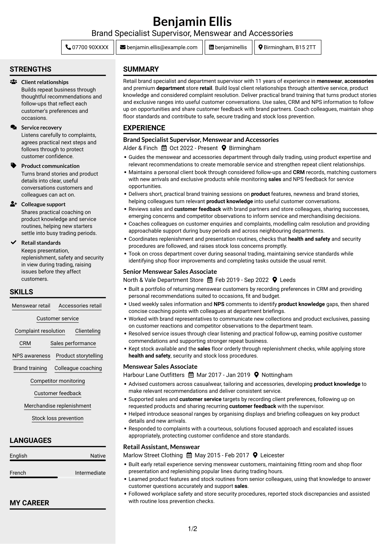 CV example — page 1