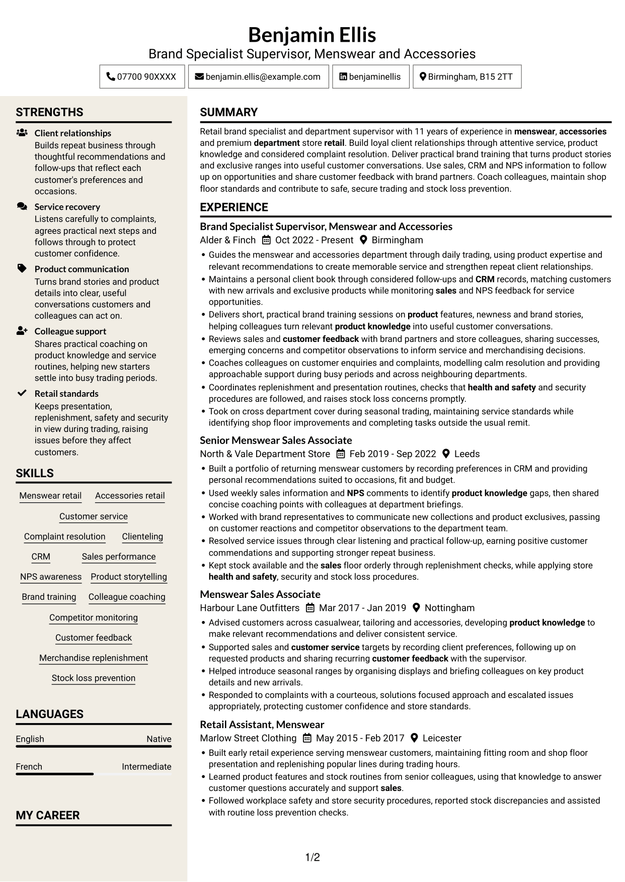 CV example — page 1