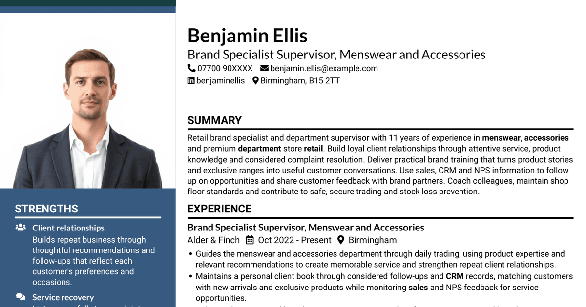 7 Brand Specialist (Supervisor) - Menswear, Accessories CV Templates with Example