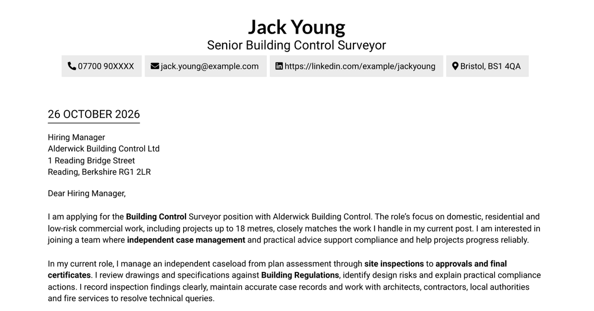 Building Control Surveyor - Residential and Low-Risk Commercial Cover Letter