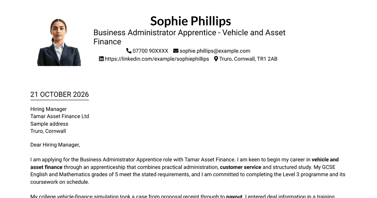 7 Business Administrator Apprentice - Vehicle and Asset Finance Cover Letter Templates with Example