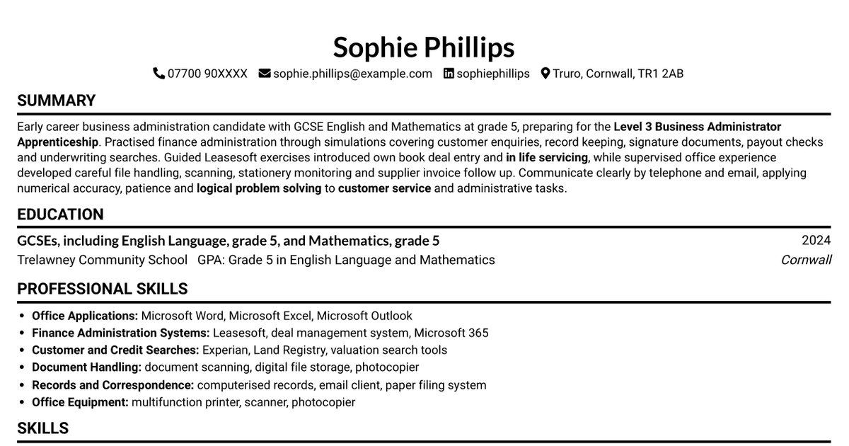 7 Business Administrator Apprentice - Vehicle and Asset Finance CV Templates with Example