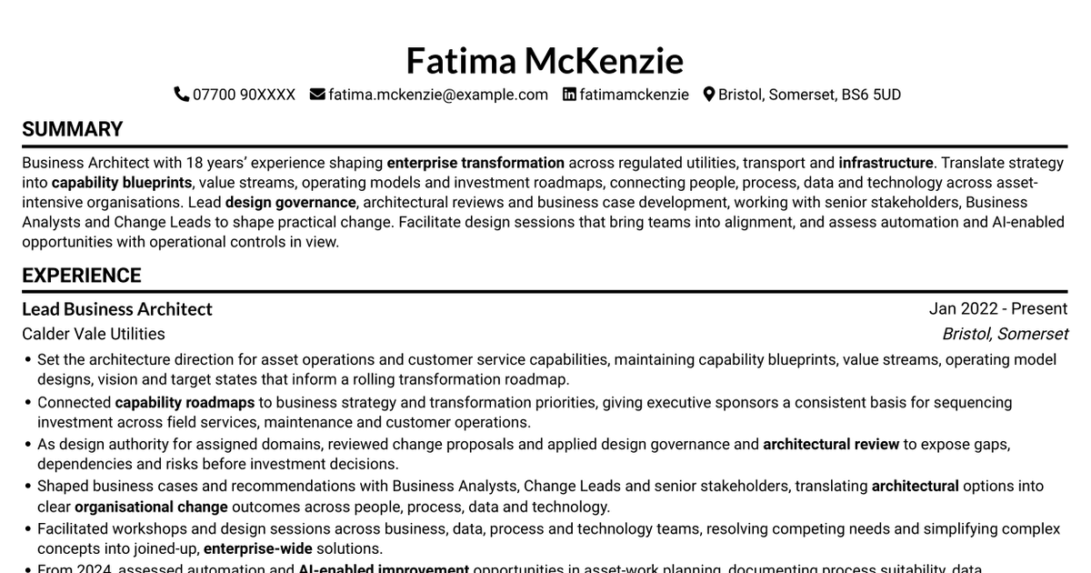 7 Business Architect - Capability and Operating Model CV Templates with Example
