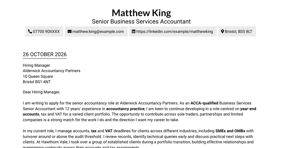 Business Services Senior Accountant - Year-End Accounts, Tax and VAT Cover Letter