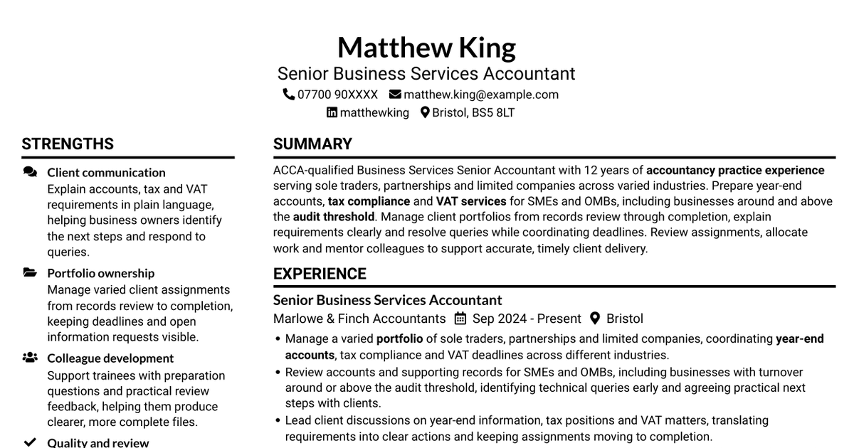 Business Services Senior Accountant - Year-End Accounts, Tax and VAT CV