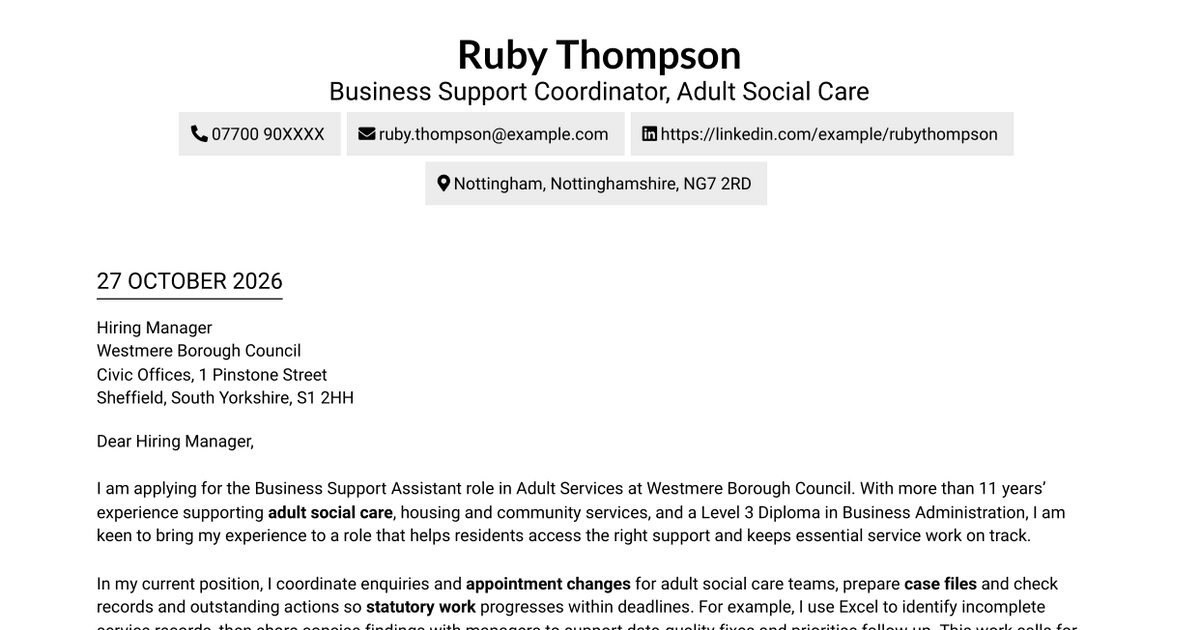 Business Support Assistant - Adult Services Cover Letter