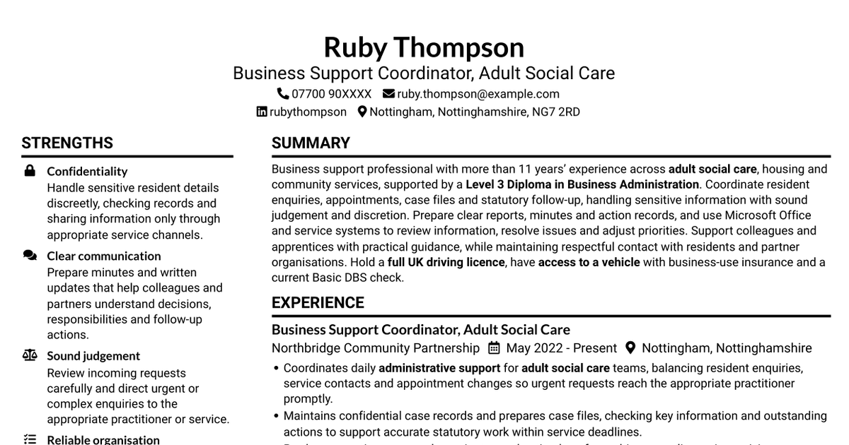 Business Support Assistant - Adult Services CV