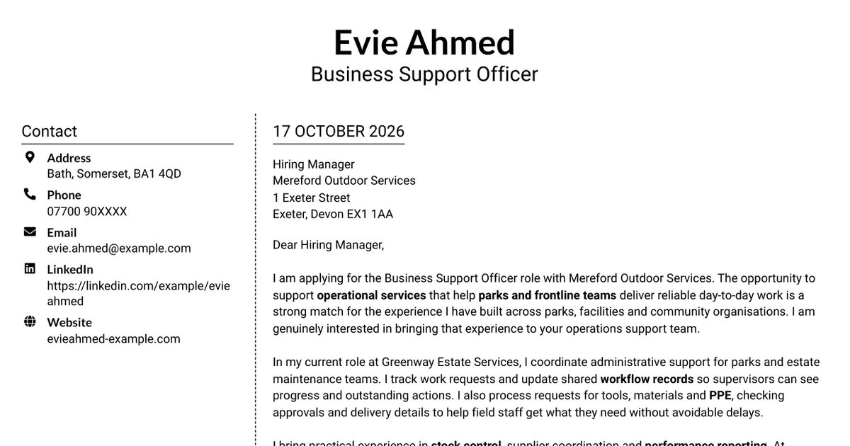 7 Business Support Officer - Operations Support Cover Letter Templates with Example