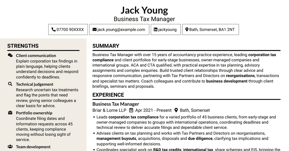 7 Business Tax Manager - Compliance CV Templates with Example