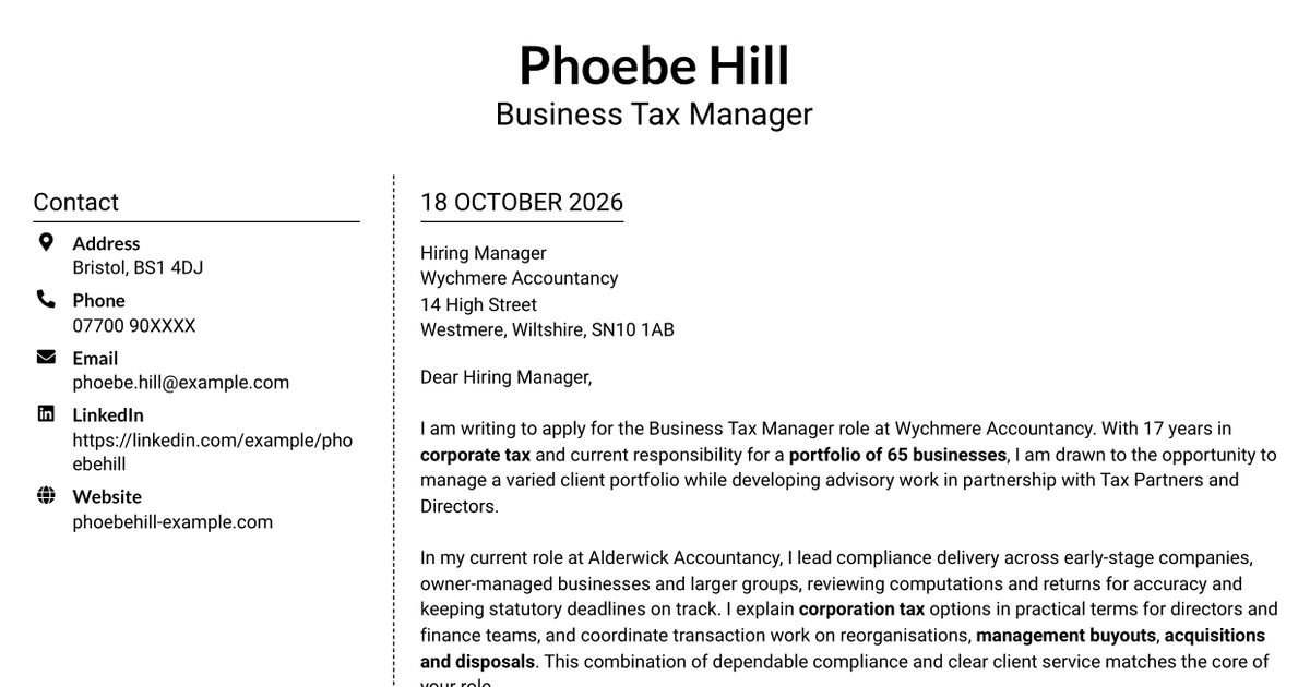 7 Business Tax Manager - Corporate Tax Compliance Cover Letter Templates with Example