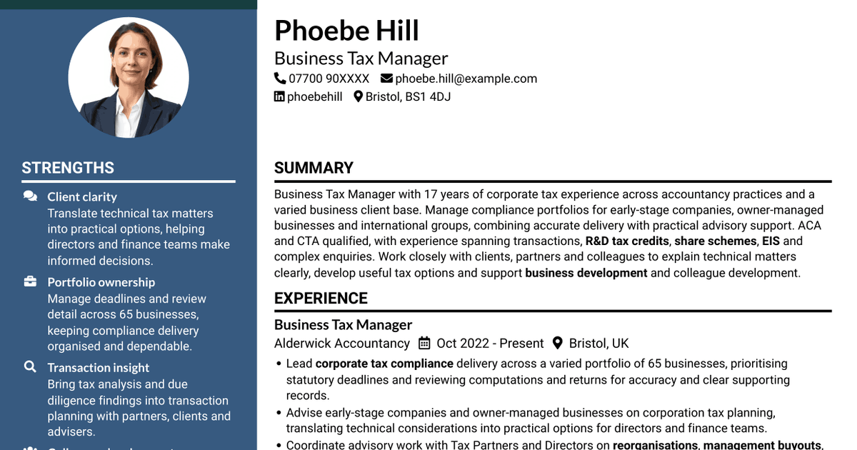7 Business Tax Manager - Corporate Tax Compliance CV Templates with Example