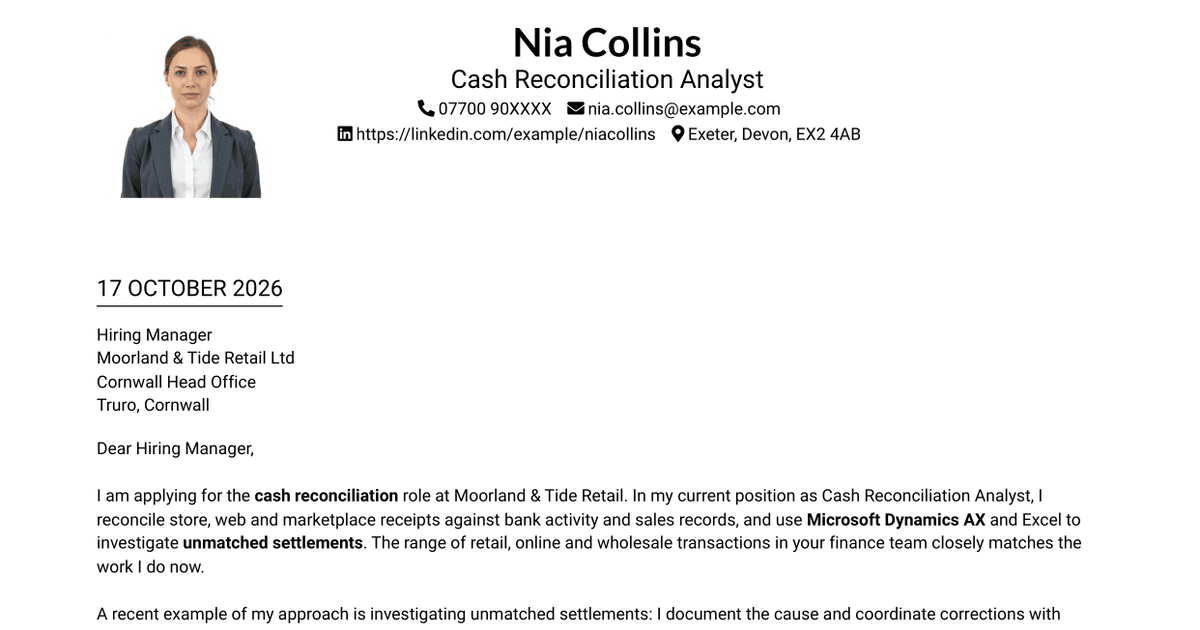 7 Cash Reconciliation Assistant - Retail and Wholesale Accounts Cover Letter Templates with Example