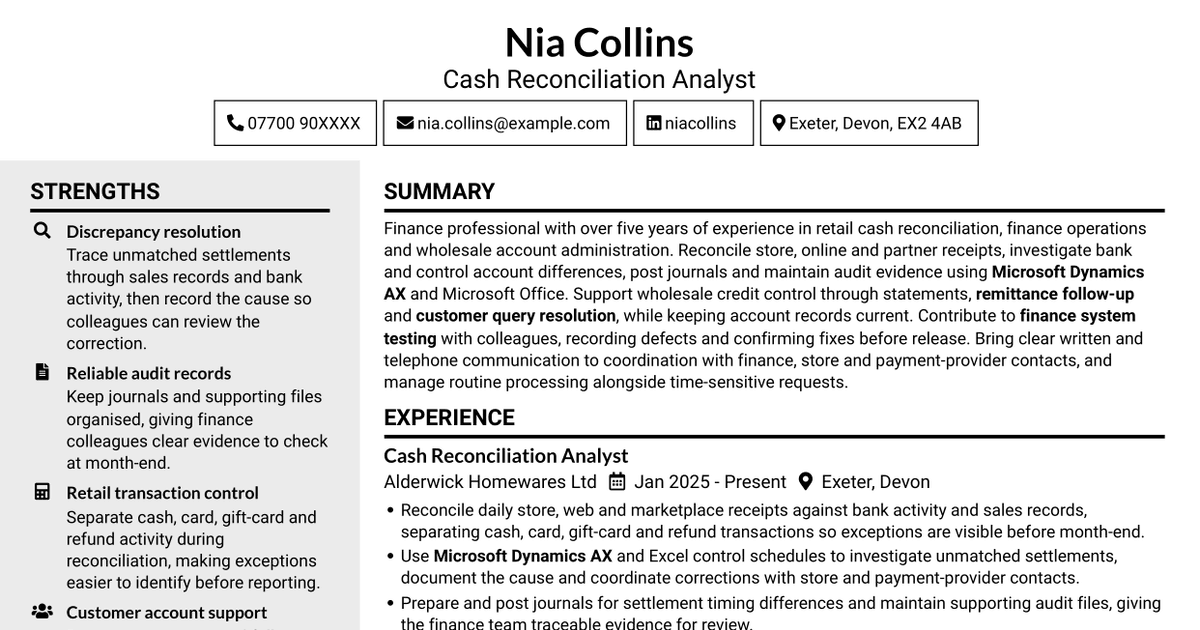 7 Cash Reconciliation Assistant - Retail and Wholesale Accounts CV Templates with Example