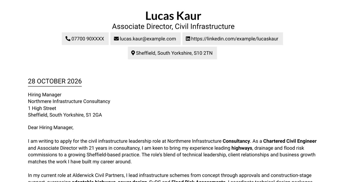 7 Chartered Civil Engineer - Highways, Drainage and Flood Risk Cover Letter Templates with Example