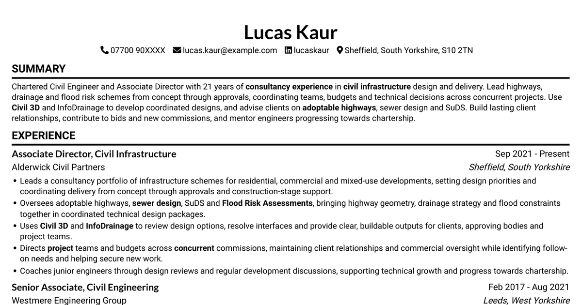 7 Chartered Civil Engineer - Highways, Drainage and Flood Risk CV Templates with Example