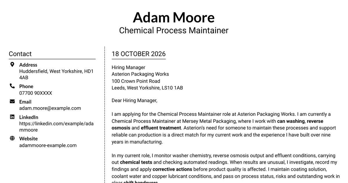 7 Chemical Process Maintainer Cover Letter Templates with Example