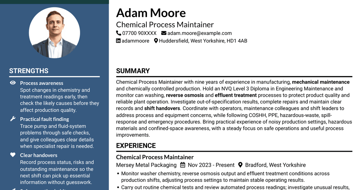 7 Chemical Process Maintainer CV Templates with Example