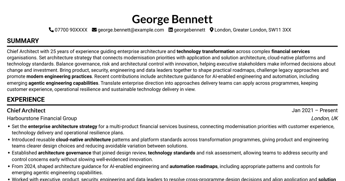 7 Chief Architect Financial Services CV Templates with Example