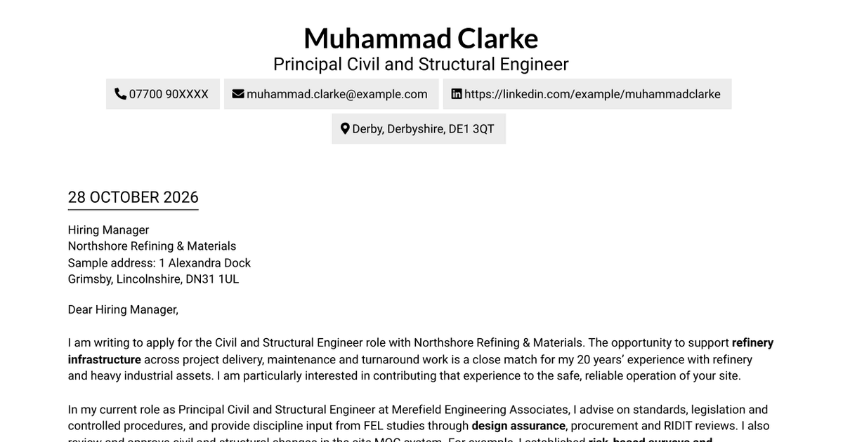 Civil and Structural Engineer - Refinery Infrastructure Cover Letter