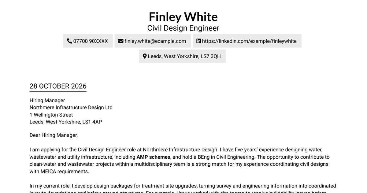 Civil Design Engineer - Water and Wastewater Infrastructure Cover Letter