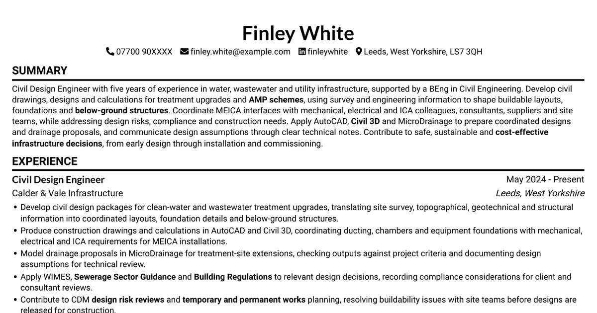 Civil Design Engineer - Water and Wastewater Infrastructure CV