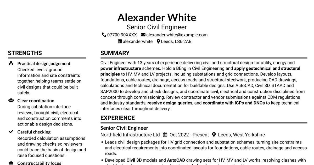 7 Civil Engineer - HV Infrastructure CV Templates with Example