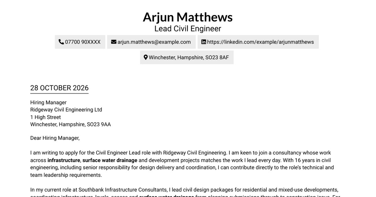7 Civil Engineer Lead - Drainage and Infrastructure Design Cover Letter Templates with Example