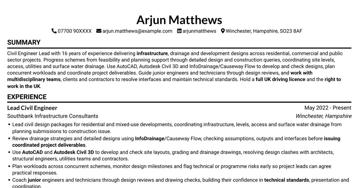 Civil Engineer Lead - Drainage and Infrastructure Design CV