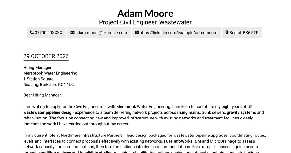Civil Engineer - Wastewater Infrastructure Cover Letter