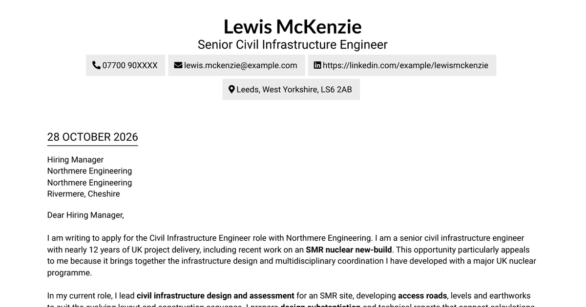 7 Civil Infrastructure Engineer - Nuclear New-Build Cover Letter Templates with Example