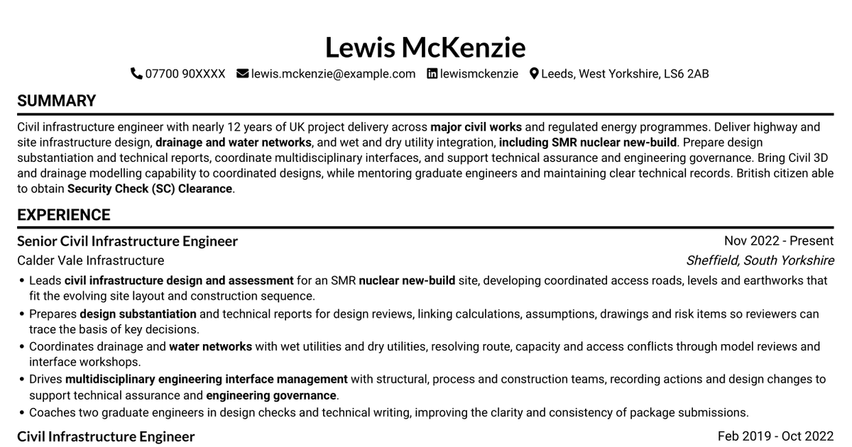 Civil Infrastructure Engineer - Nuclear New-Build CV
