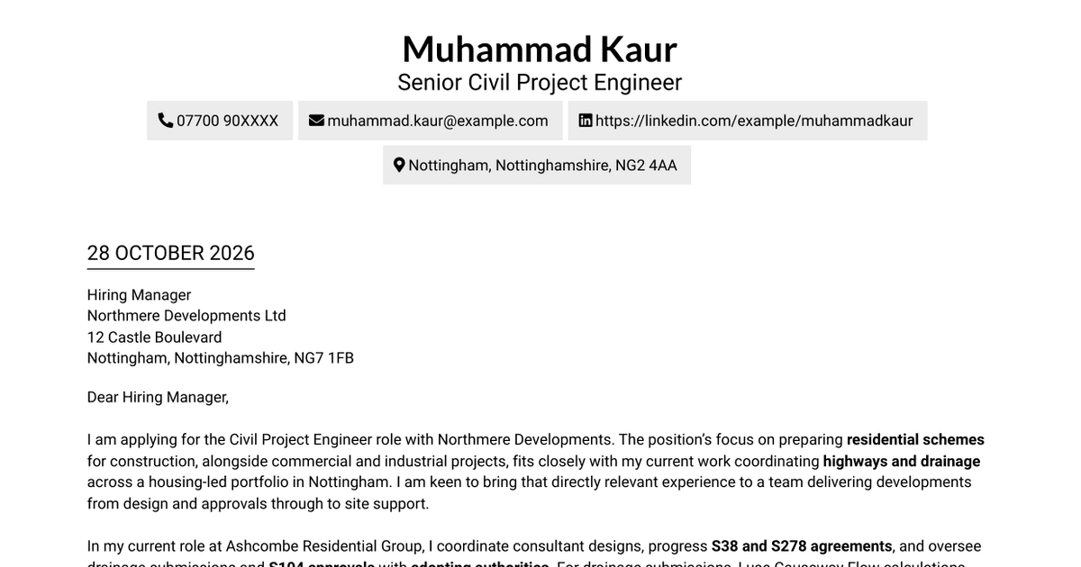 7 Civil Project Engineer - Highways and Drainage Cover Letter Templates with Example