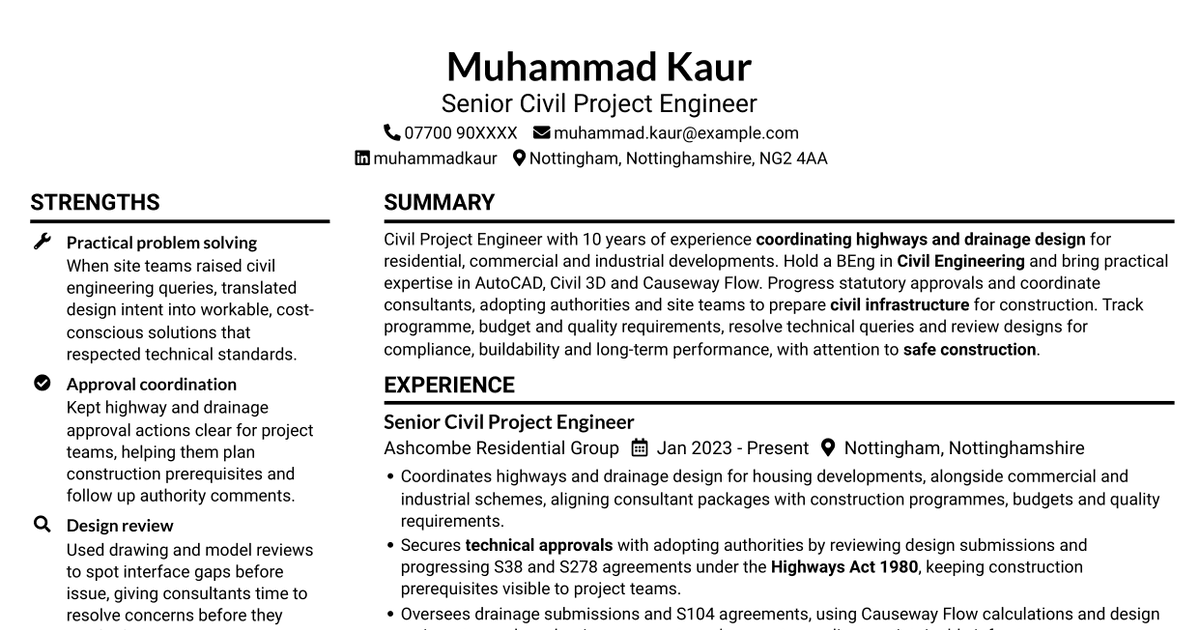 7 Civil Project Engineer - Highways and Drainage CV Templates with Example