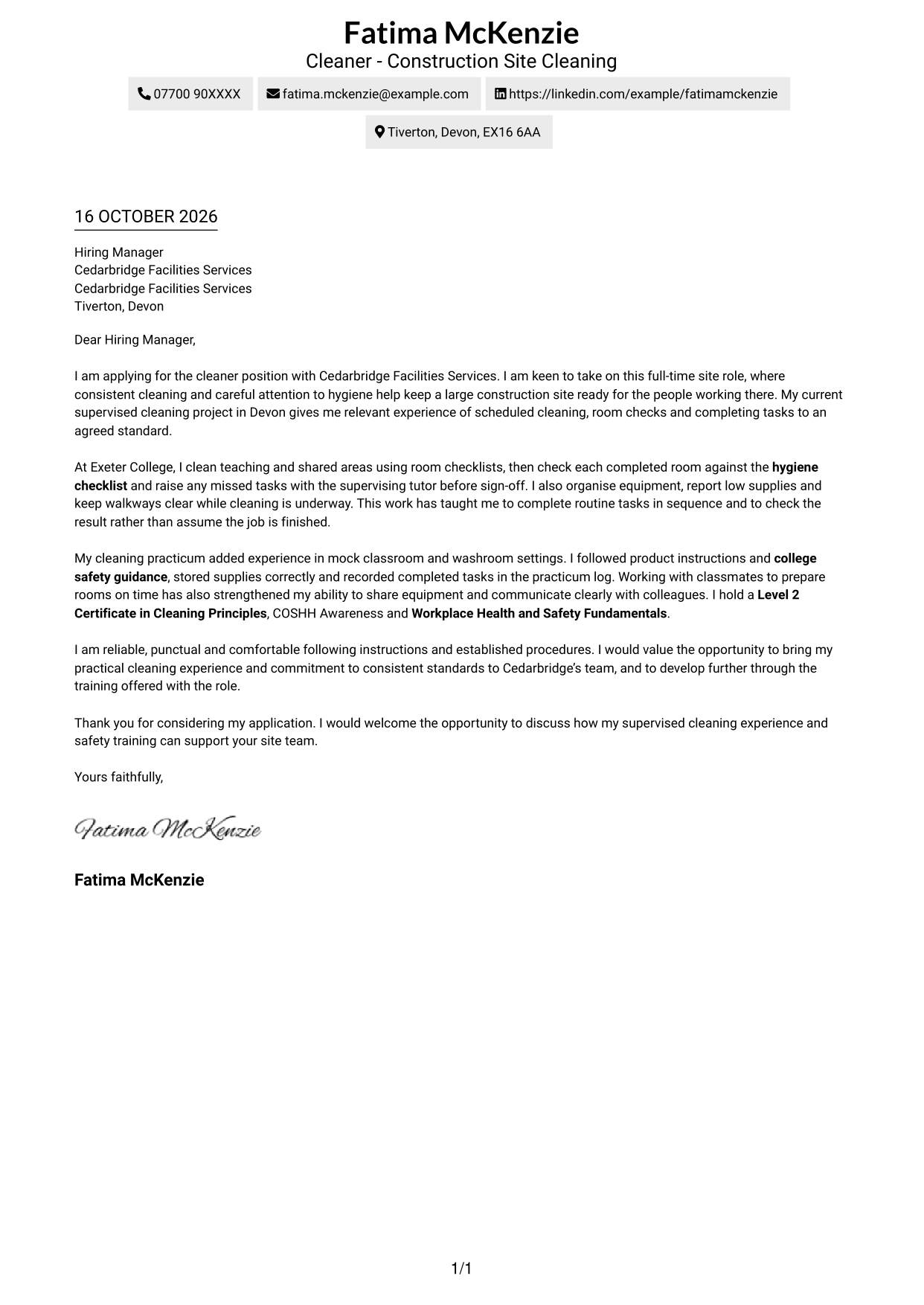 Cover letter example — page 1