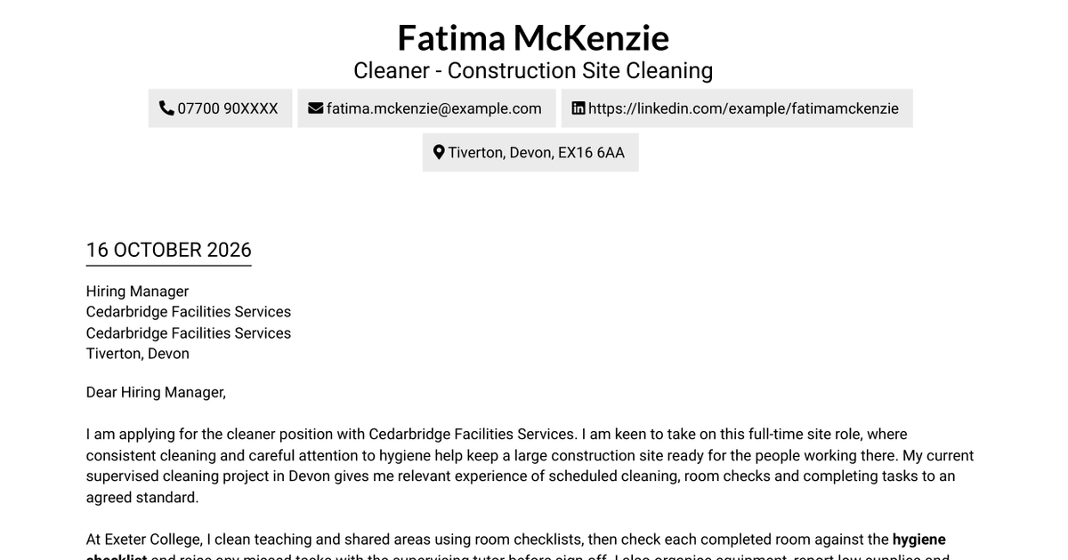 7 Cleaner - Construction Site Cleaning Cover Letter Templates with Example