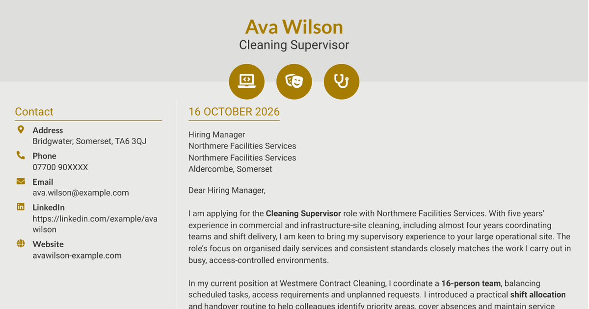 7 Cleaning Supervisor - Site Cleaning Operations Cover Letter Templates with Example