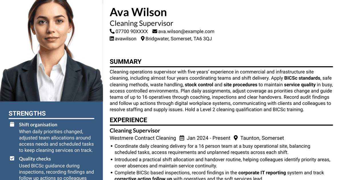 7 Cleaning Supervisor - Site Cleaning Operations CV Templates with Example