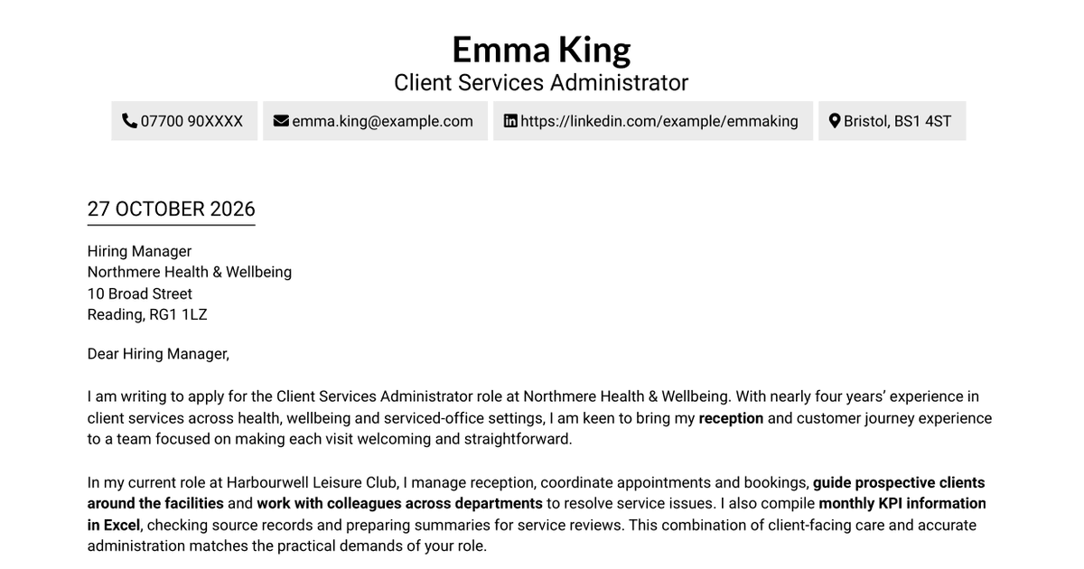 Client Services Administrator - Reception and Client Experience Cover Letter