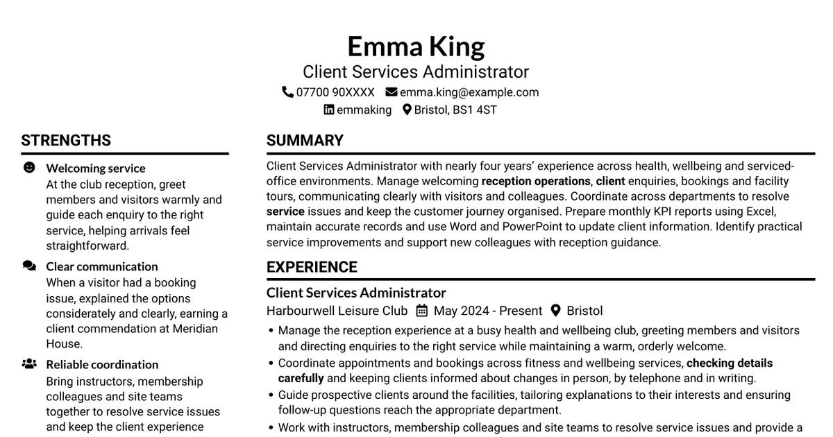 Client Services Administrator - Reception and Client Experience CV