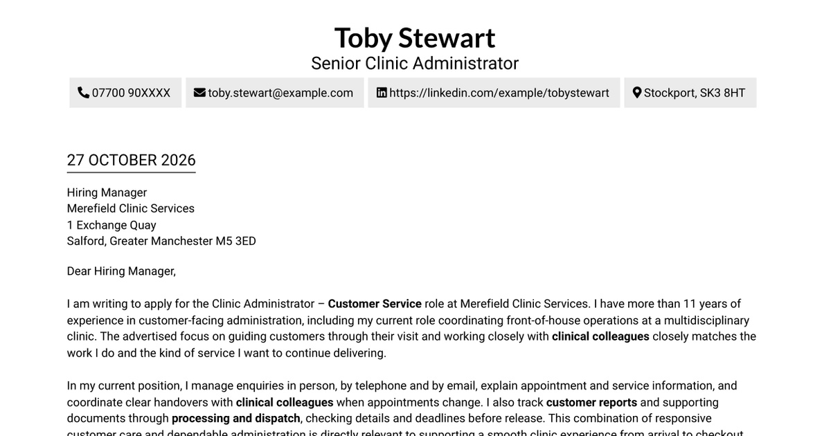 7 Clinic Administrator - Customer Service Cover Letter Templates with Example