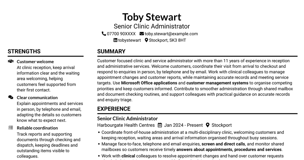 7 Clinic Administrator - Customer Service CV Templates with Example